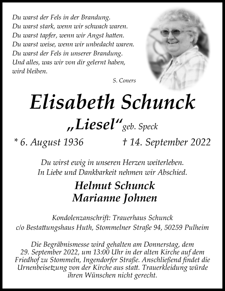  Traueranzeige für Elisabeth Schunck vom 24.09.2022 aus Kölner Stadt-Anzeiger / Kölnische Rundschau / Express