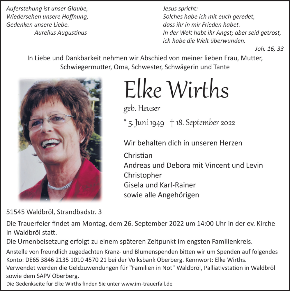  Traueranzeige für Elke Wirths vom 23.09.2022 aus  Lokalanzeiger 