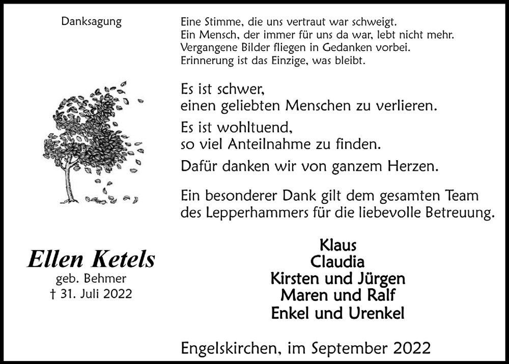  Traueranzeige für Ellen Ketels vom 09.09.2022 aus  Anzeigen Echo 