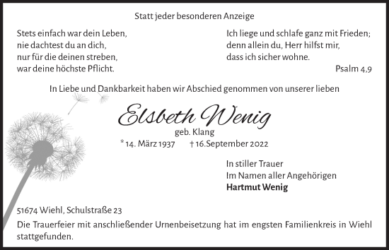 Anzeige von Elsbeth Wenig von  Anzeigen Echo 