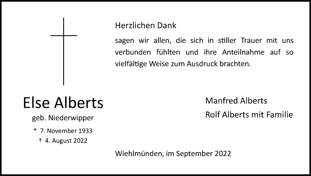  Traueranzeige für Else Alberts vom 23.09.2022 aus Kölner Stadt-Anzeiger / Kölnische Rundschau / Express