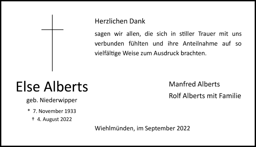  Traueranzeige für Else Alberts vom 23.09.2022 aus  Anzeigen Echo 