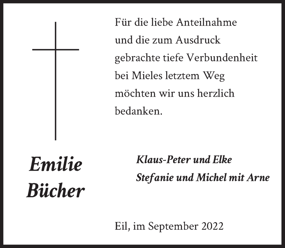  Traueranzeige für Emilie Bücher vom 16.09.2022 aus  EXPRESS - Die Woche 