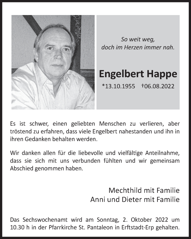  Traueranzeige für Engelbert Happe vom 23.09.2022 aus  Werbepost 