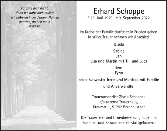 Anzeige von Erhard Schoppe von  Anzeigen Echo 