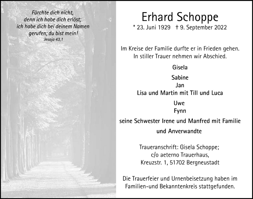  Traueranzeige für Erhard Schoppe vom 23.09.2022 aus  Anzeigen Echo 