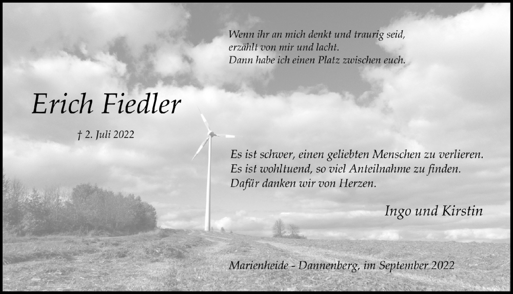  Traueranzeige für Erich Fiedler vom 02.09.2022 aus  Anzeigen Echo 