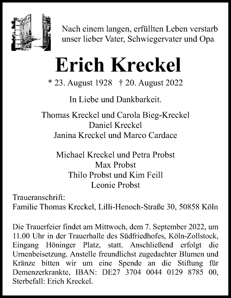  Traueranzeige für Erich Kreckel vom 03.09.2022 aus Kölner Stadt-Anzeiger / Kölnische Rundschau / Express