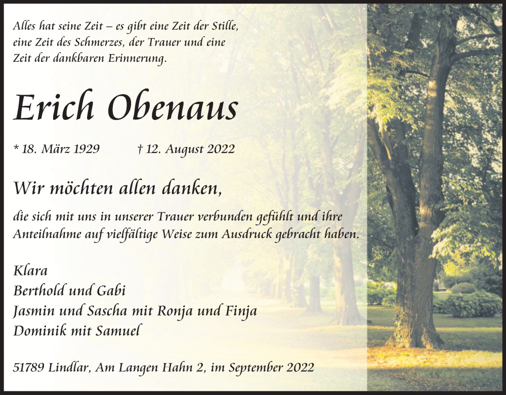  Traueranzeige für Erich Obenaus vom 17.09.2022 aus Kölner Stadt-Anzeiger / Kölnische Rundschau / Express