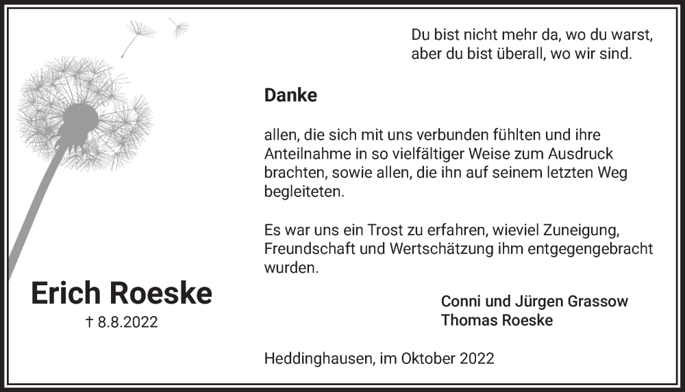  Traueranzeige für Erich Roeske vom 30.09.2022 aus  Lokalanzeiger 