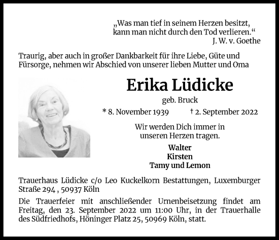 Anzeige von Erika Lüdicke von Kölner Stadt-Anzeiger / Kölnische Rundschau / Express