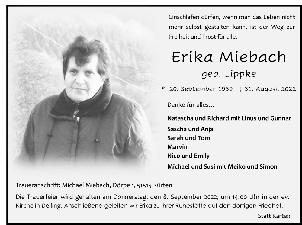  Traueranzeige für Erika Miebach vom 03.09.2022 aus Kölner Stadt-Anzeiger / Kölnische Rundschau / Express