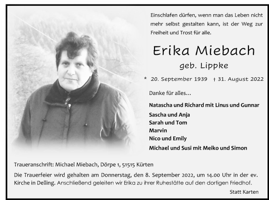 Anzeige von Erika Miebach von Kölner Stadt-Anzeiger / Kölnische Rundschau / Express