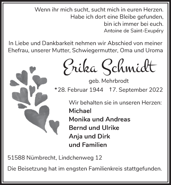 Anzeige von Erika Schmidt von  Anzeigen Echo 