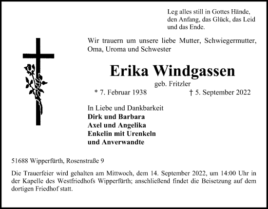 Anzeige von Erika Windgassen von Kölner Stadt-Anzeiger / Kölnische Rundschau / Express