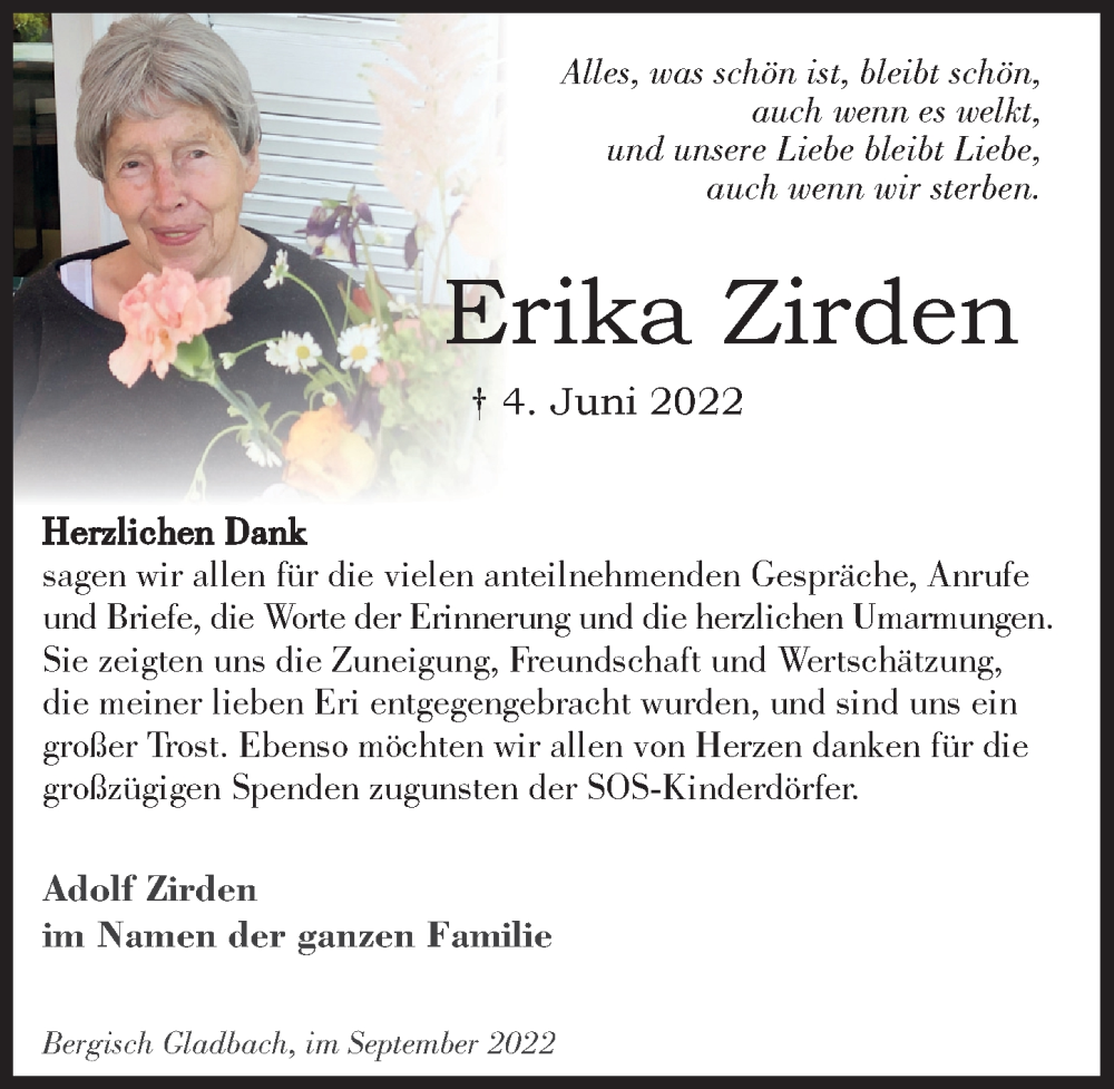  Traueranzeige für Erika Zirden vom 02.09.2022 aus  Bergisches Handelsblatt 