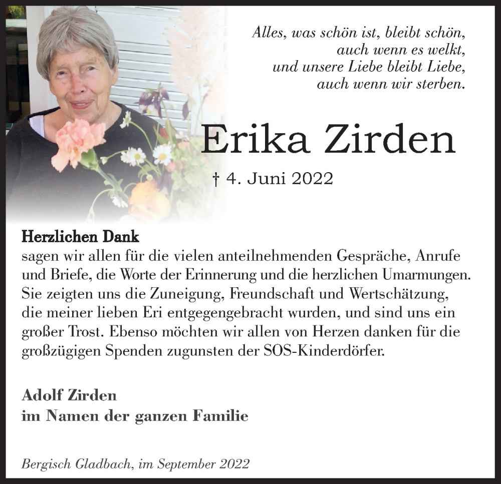  Traueranzeige für Erika Zirden vom 03.09.2022 aus Kölner Stadt-Anzeiger / Kölnische Rundschau / Express