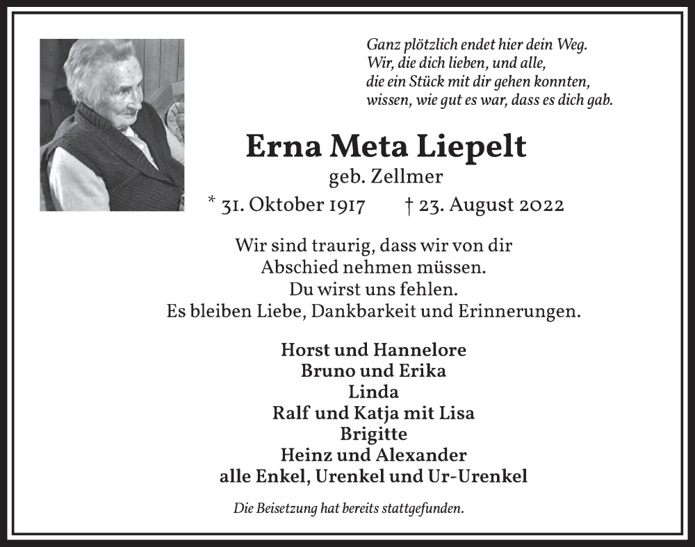  Traueranzeige für Erna Meta Liepelt vom 02.09.2022 aus  Werbepost 