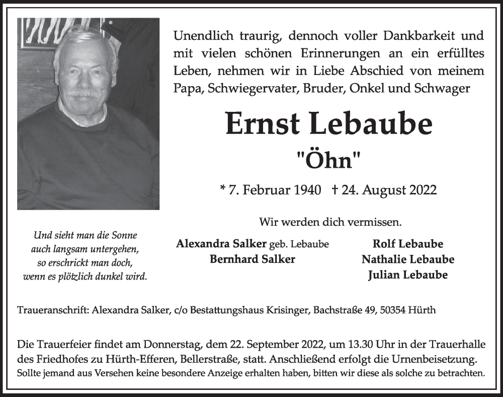  Traueranzeige für Ernst Lebaube vom 02.09.2022 aus  Wochenende 