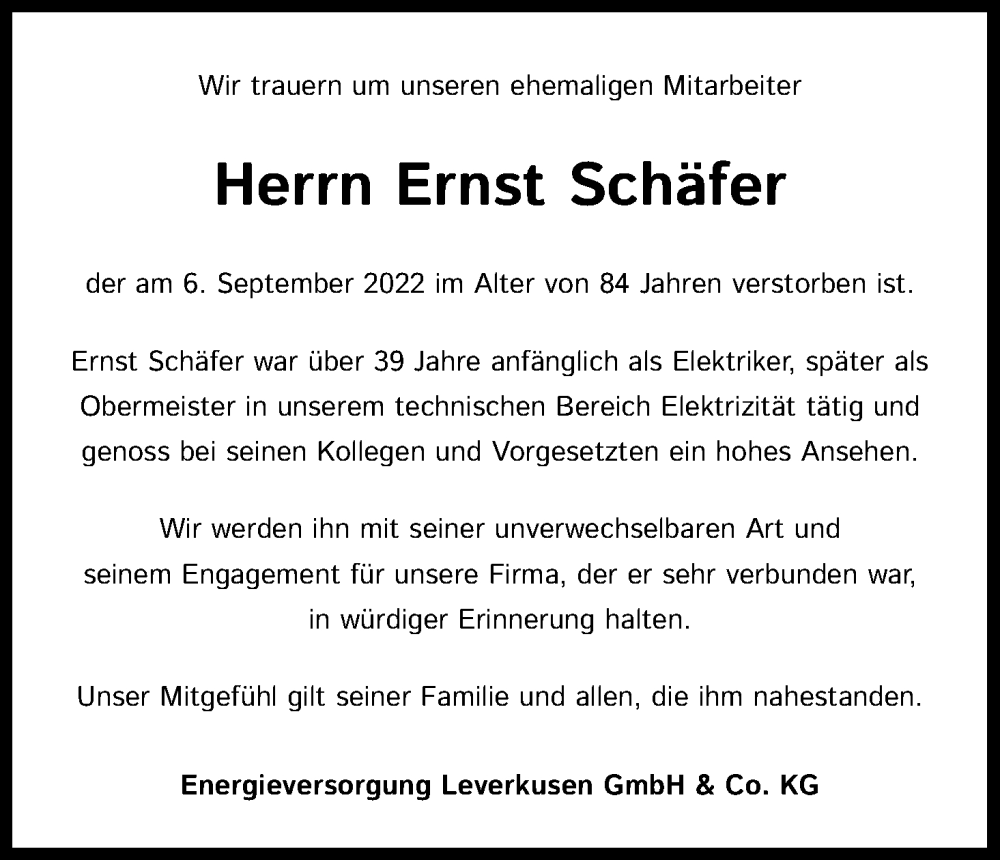  Traueranzeige für Ernst Schäfer vom 24.09.2022 aus Kölner Stadt-Anzeiger / Kölnische Rundschau / Express