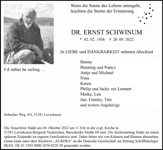 Anzeige von Ernst Schwinum von Kölner Stadt-Anzeiger / Kölnische Rundschau / Express