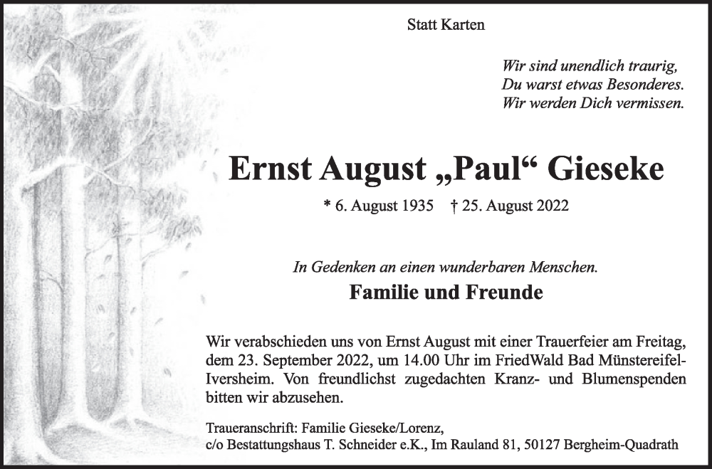  Traueranzeige für Ernst August Gieseke vom 16.09.2022 aus  Werbepost 