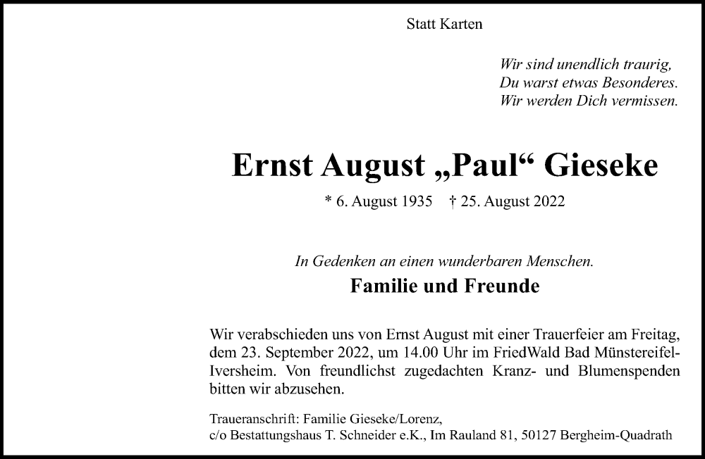  Traueranzeige für Ernst August Gieseke vom 17.09.2022 aus Kölner Stadt-Anzeiger / Kölnische Rundschau / Express