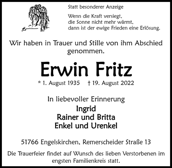 Anzeige von Erwin Fritz von  Anzeigen Echo 