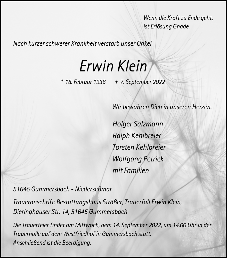  Traueranzeige für Erwin Klein vom 12.09.2022 aus Kölner Stadt-Anzeiger / Kölnische Rundschau / Express