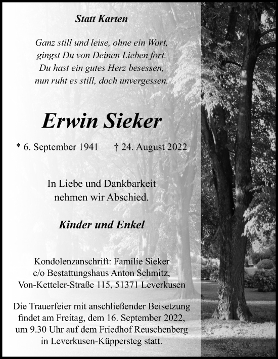 Anzeige von Erwin Sieker von Kölner Stadt-Anzeiger / Kölnische Rundschau / Express