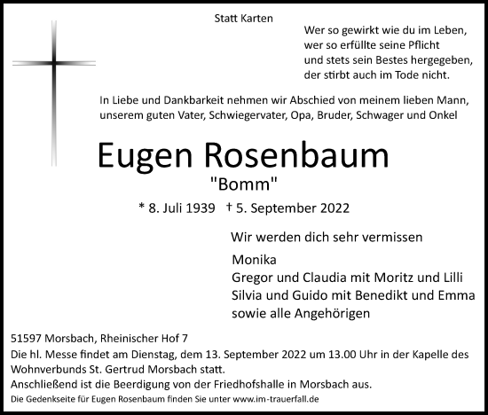 Anzeige von Eugen Rosenbaum von Kölner Stadt-Anzeiger / Kölnische Rundschau / Express