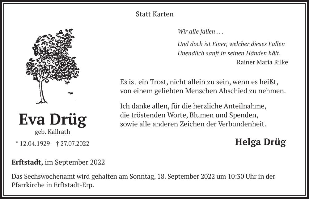  Traueranzeige für Eva Drüg vom 09.09.2022 aus  Werbepost 
