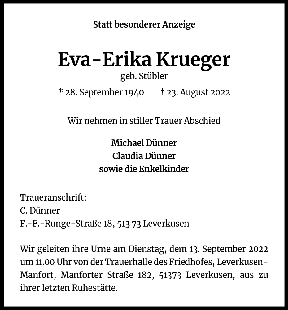  Traueranzeige für Eva-Erika Krueger vom 10.09.2022 aus Kölner Stadt-Anzeiger / Kölnische Rundschau / Express