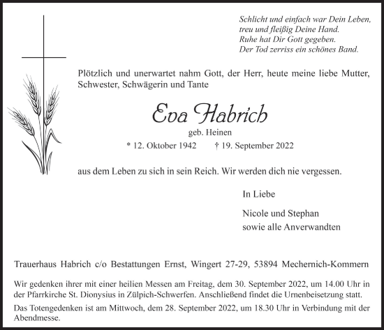 Anzeige von Eva Habricht von  Blickpunkt Euskirchen 