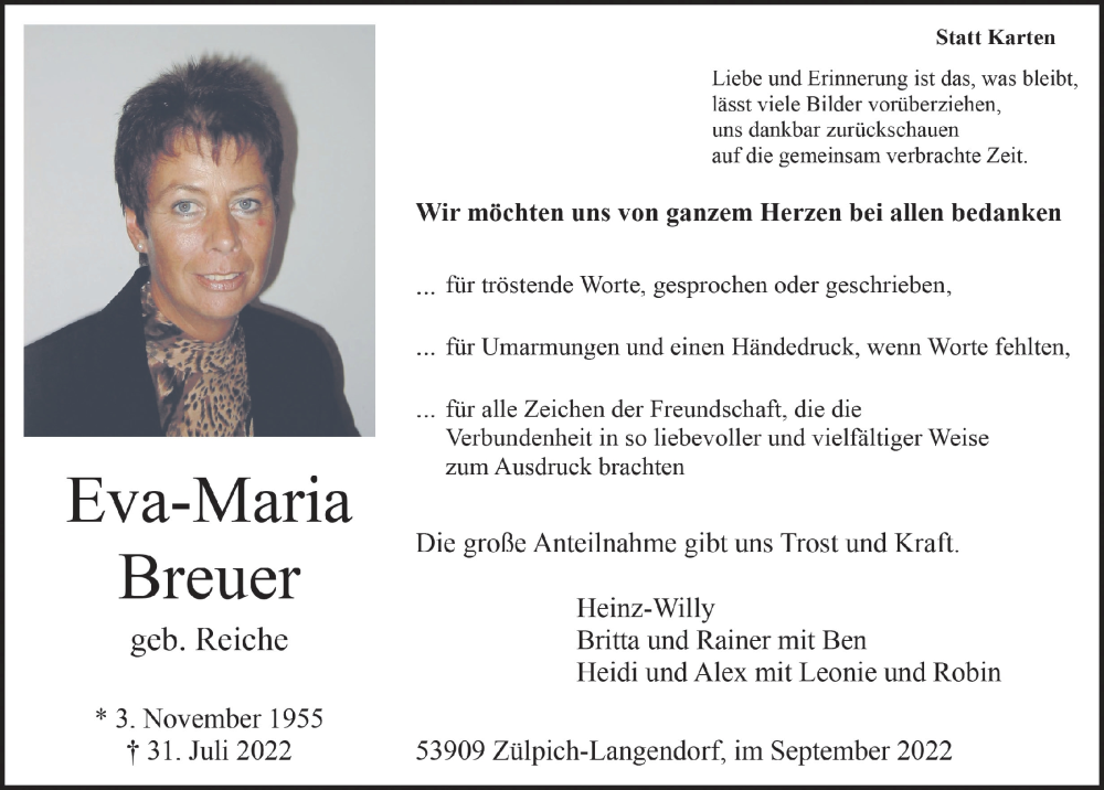  Traueranzeige für Eva-Maria Breuer vom 10.09.2022 aus  Blickpunkt Euskirchen 
