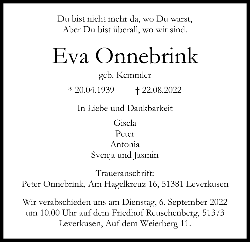  Traueranzeige für Eva Onnebrink vom 03.09.2022 aus Kölner Stadt-Anzeiger / Kölnische Rundschau / Express