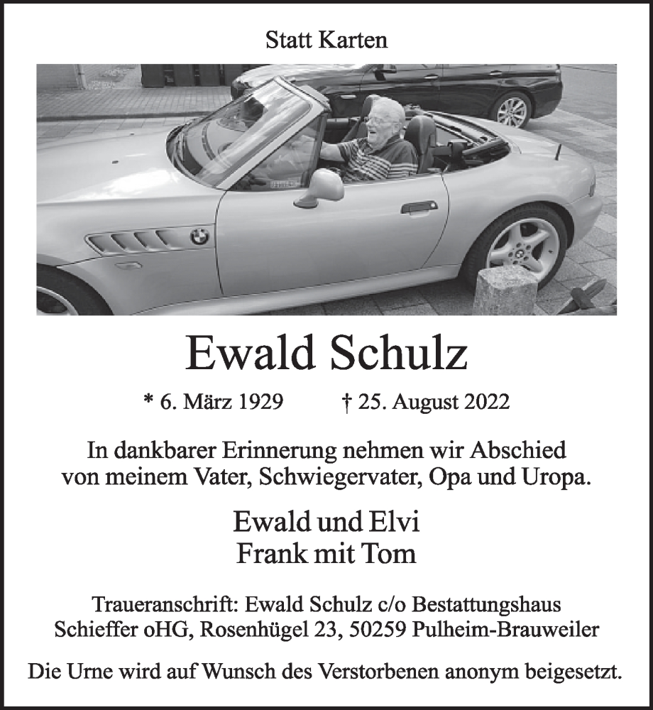  Traueranzeige für Ewald Schulz vom 09.09.2022 aus  Werbepost 