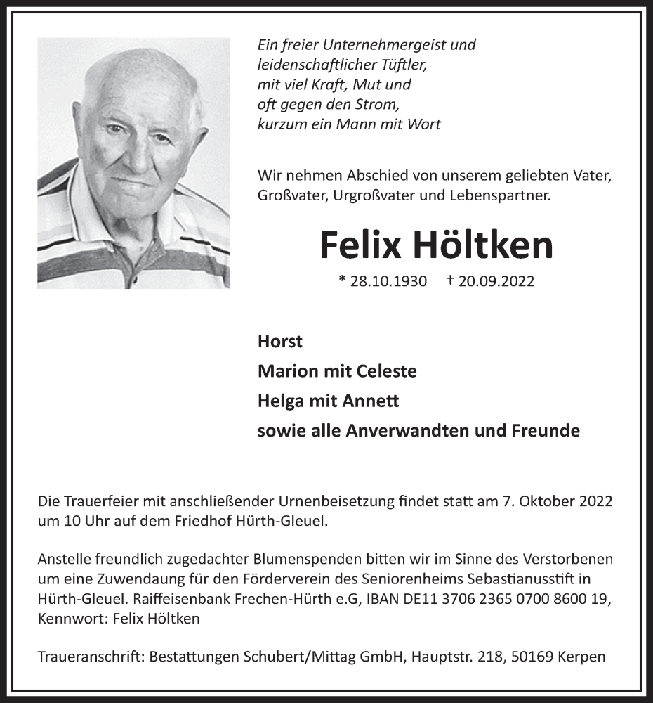  Traueranzeige für Felix Höltken vom 30.09.2022 aus  Wochenende 
