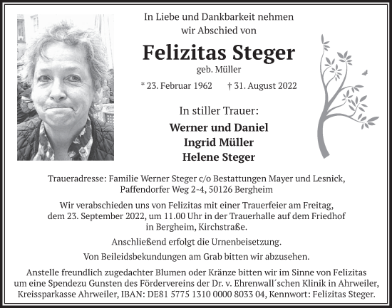 Anzeige von Felizitas Steger von  Werbepost 