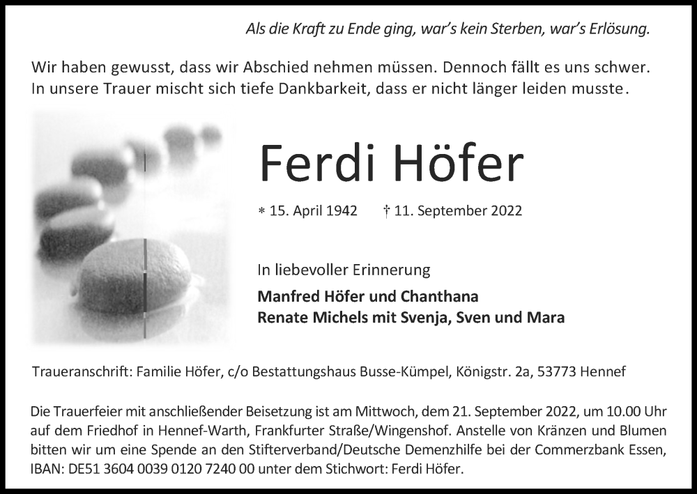  Traueranzeige für Ferdi Höfer vom 17.09.2022 aus Kölner Stadt-Anzeiger / Kölnische Rundschau / Express