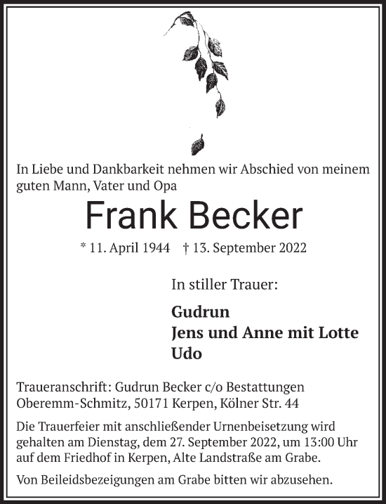 Anzeige von Frank Becker von  Werbepost 