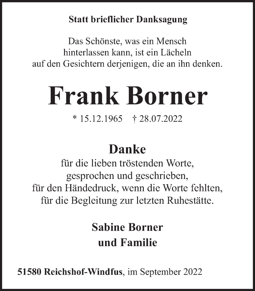  Traueranzeige für Frank Borner vom 23.09.2022 aus  Anzeigen Echo 