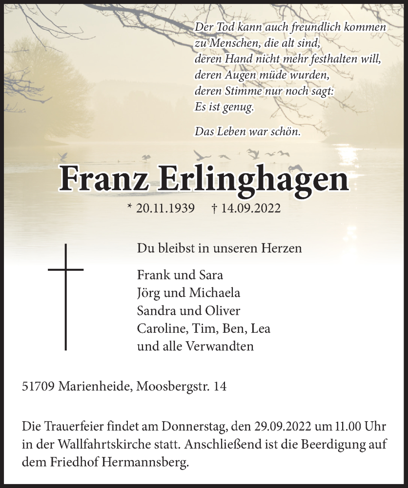  Traueranzeige für Franz Erlinghagen vom 23.09.2022 aus  Anzeigen Echo 
