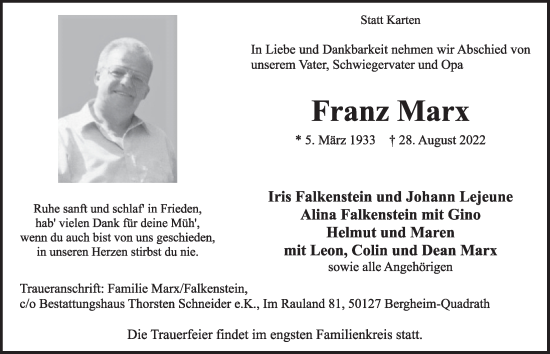 Anzeige von Franz Marx von  Werbepost 