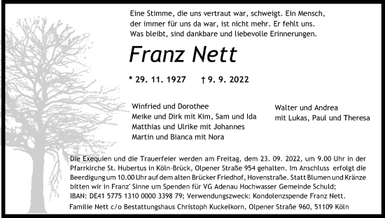 Anzeige von Franz Nett von Kölner Stadt-Anzeiger / Kölnische Rundschau / Express