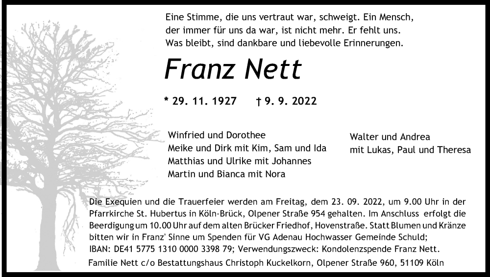  Traueranzeige für Franz Nett vom 17.09.2022 aus Kölner Stadt-Anzeiger / Kölnische Rundschau / Express