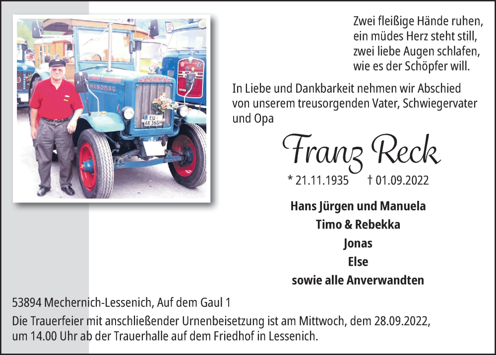  Traueranzeige für Franz Reck vom 17.09.2022 aus  Blickpunkt Euskirchen 