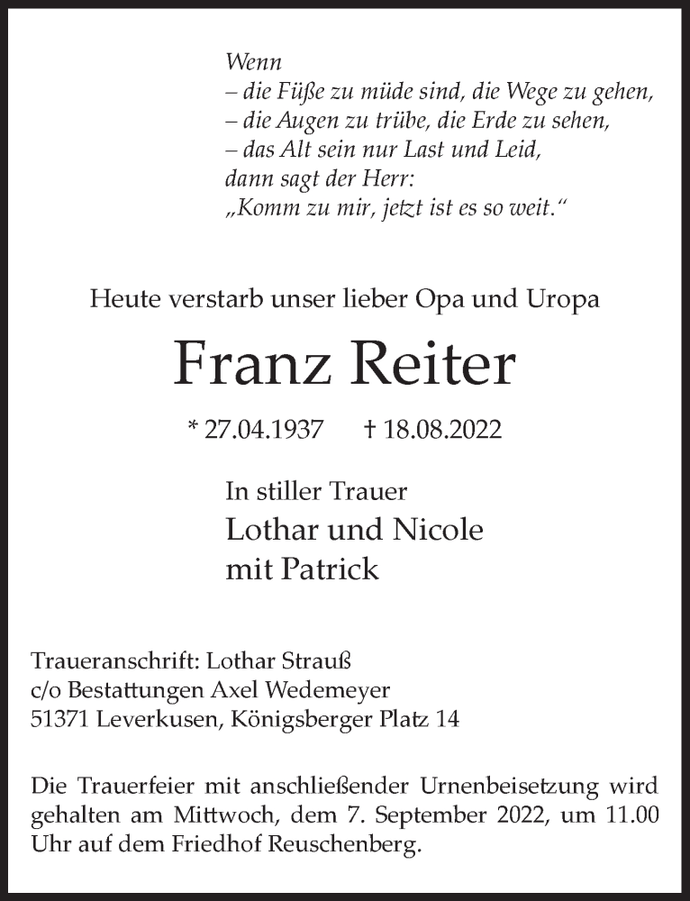  Traueranzeige für Franz Reiter vom 02.09.2022 aus  Lokale Informationen 