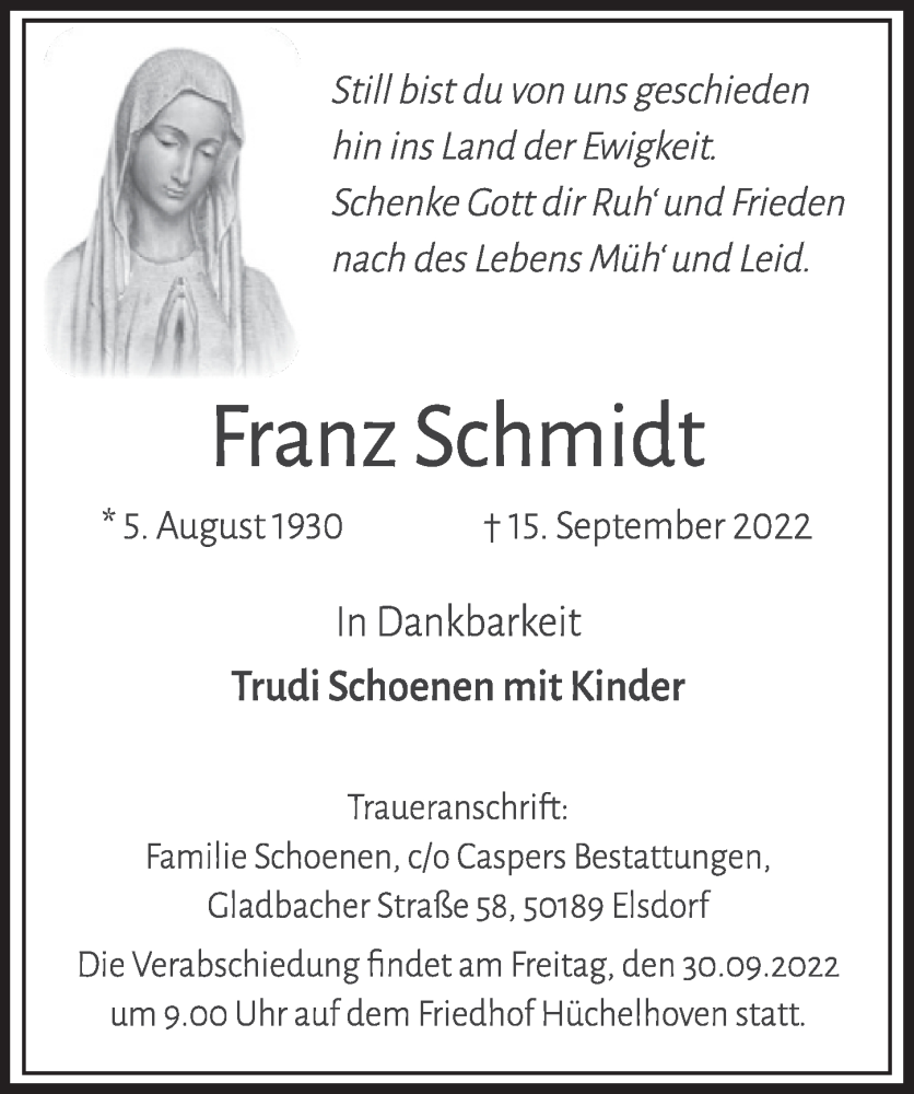  Traueranzeige für Franz Schmidt vom 23.09.2022 aus  Werbepost 