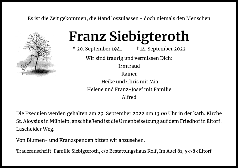  Traueranzeige für Franz Siebigteroth vom 24.09.2022 aus Kölner Stadt-Anzeiger / Kölnische Rundschau / Express
